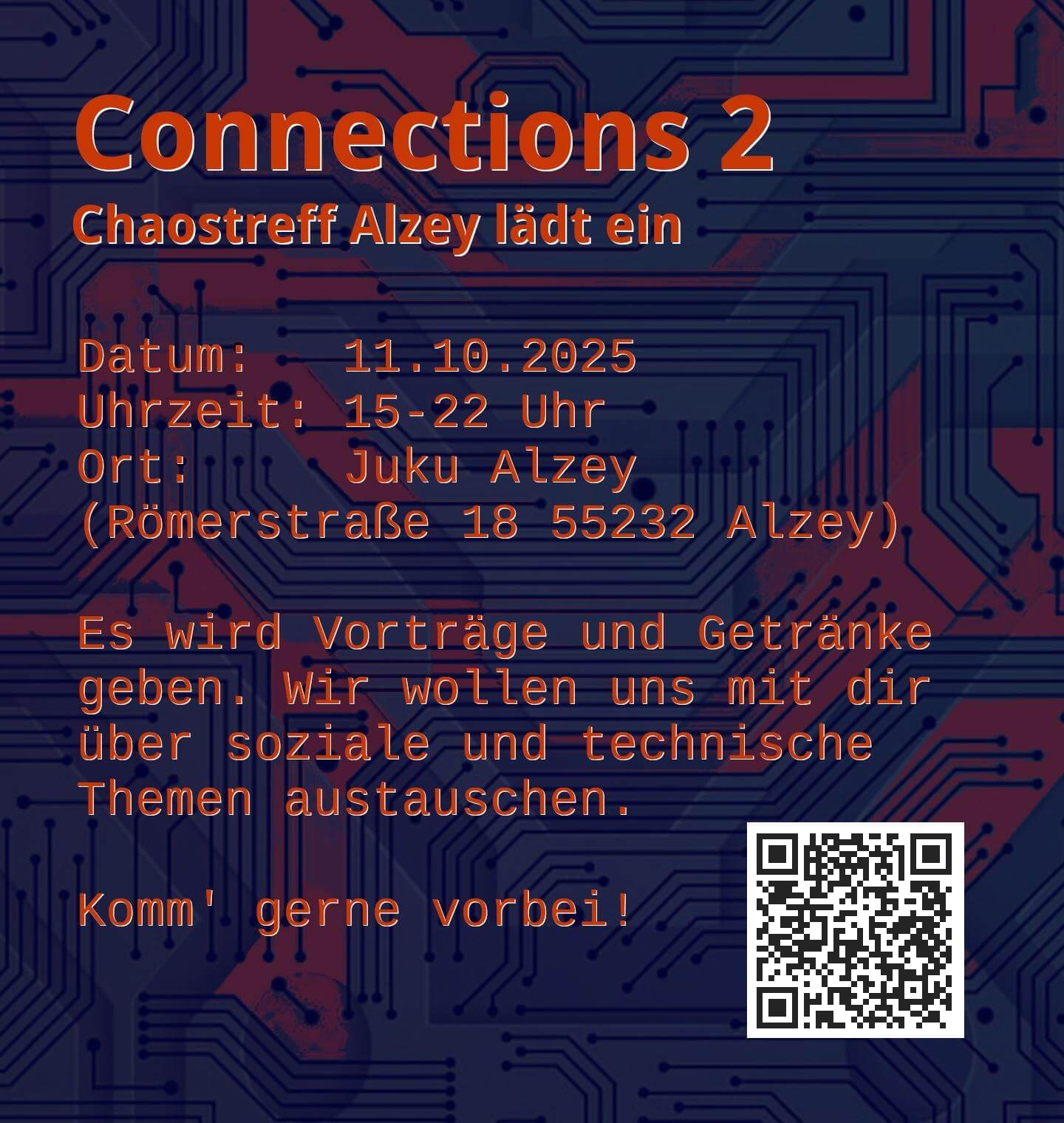 Sharepic für die "Connections 2025". Der Hauptteil des Bildes enthält einen Text mit den gleichen Informationen wie der oben stehende Text. Unten rechts ist ein QR-Code enthalten, der zum Veranstaltungsort beim Kartendienst OpenStreetMap führt.